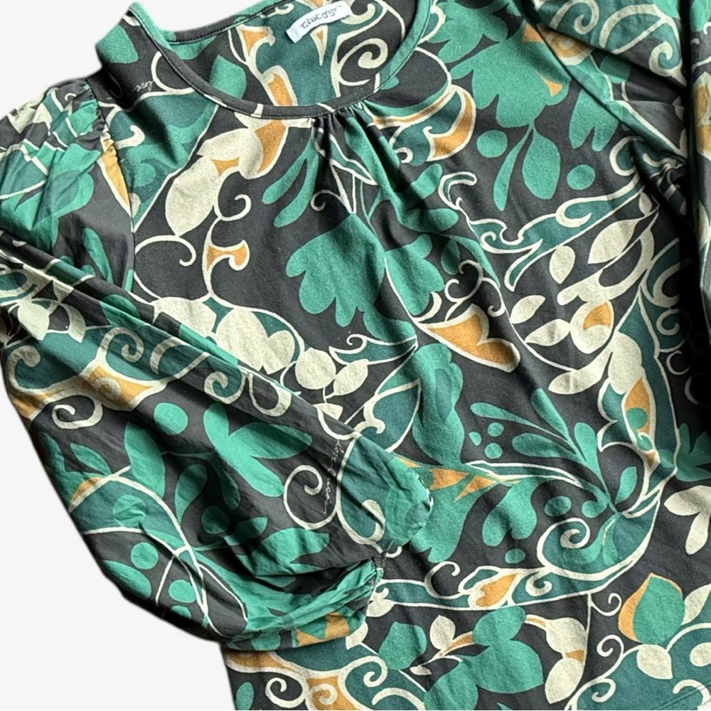 CHICO'S FLORAL JERSEY KNIT TOP GREEN BOHO WESTERN 3/4 BALLOON SLEEVE LARGE - Picture 3 of 5